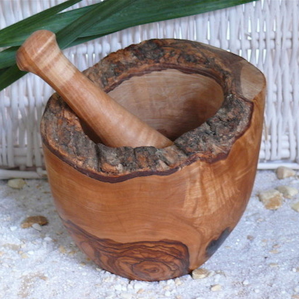 Mörser rustikaler Rand inkl. Stößel aus Olivenholz Ø 12 cm