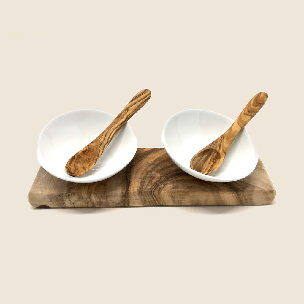 2er Set Dipschalen DESIGN Porzellan schräg inkl. 2 Löffel auf Olivenholz