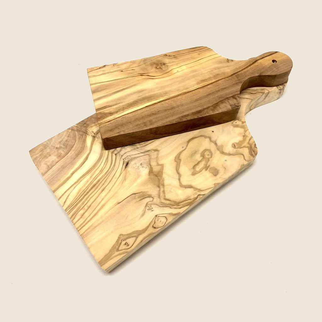2er Set Schneidebrett mit Griff 30 cm + 23 cm aus Olivenholz