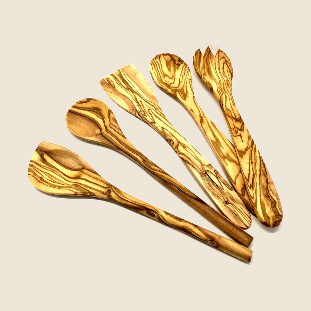 5tlg. Kochlöffel-Set (Kochlöffel rund/mit Ecke, Pfannenwender ohne Löcher, Salatbesteck mittel)