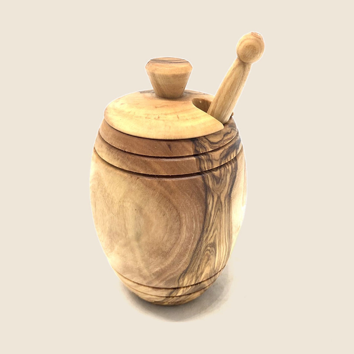 Honigtopf aus Olivenholz plus Honiglöffel 14 cm