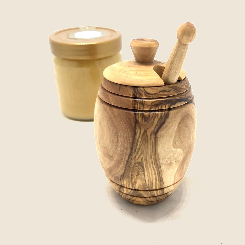 Honigtopf aus Olivenholz plus Honiglöffel 14 cm
