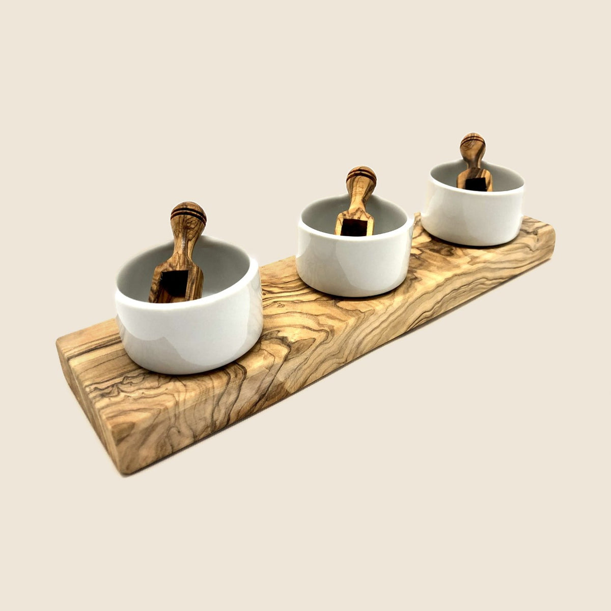 3er Set Dipschälchen-Porzellan inkl. 3 Schippchen aus Olivenholz