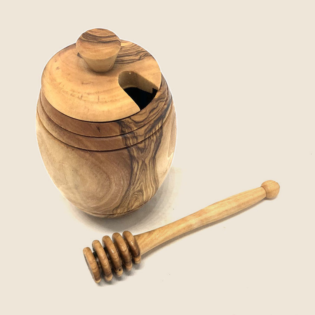 Honigtopf aus Olivenholz plus Honiglöffel 14 cm